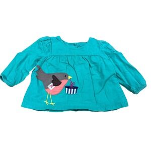 Baby Boden Teal Bird Applique Long Sleeve Shirt 0-3 Months